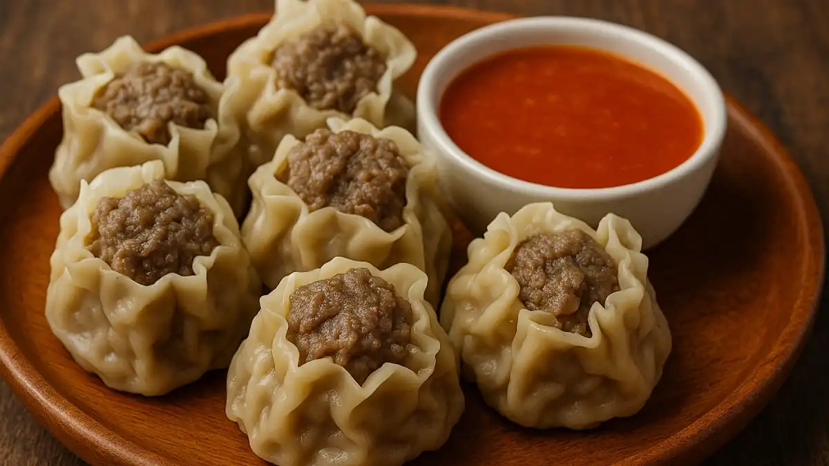 Siomay sapi Indonesia berisi daging sapi gurih, disajikan dengan saus sambal.