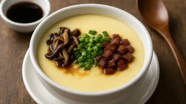 Gambar hidangan steam telur Hongkong dengan tekstur lembut, hiasan daun bawang, dan kuah kaldu bening dalam porsi elegan.