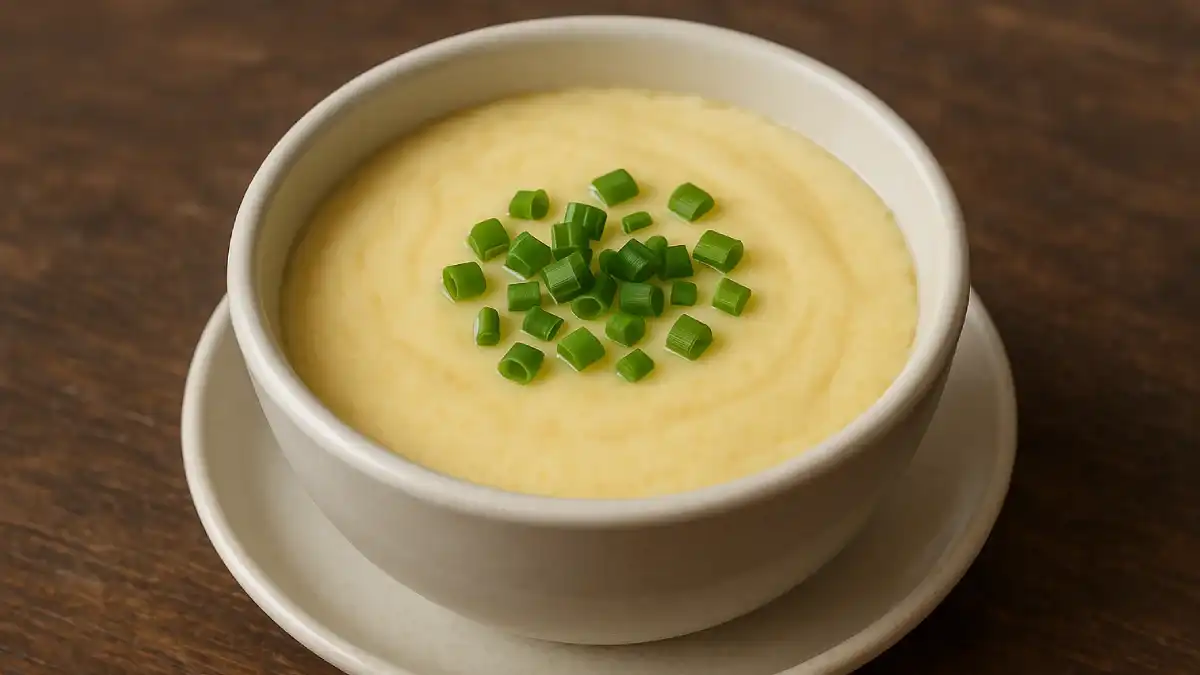 Sajian steam telur Hongkong dalam mangkuk keramik putih, dengan taburan daun bawang.