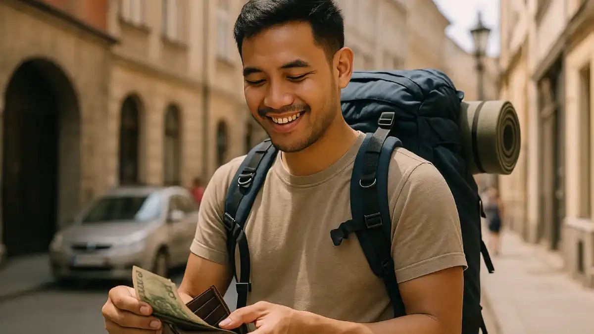 Seorang traveler muda dengan ransel besar memeriksa dompetnya sambil tersenyum, menunjukkan kesenangan dalam menerapkan Tips Backpacking Hemat selama perjalanan di kota Eropa.