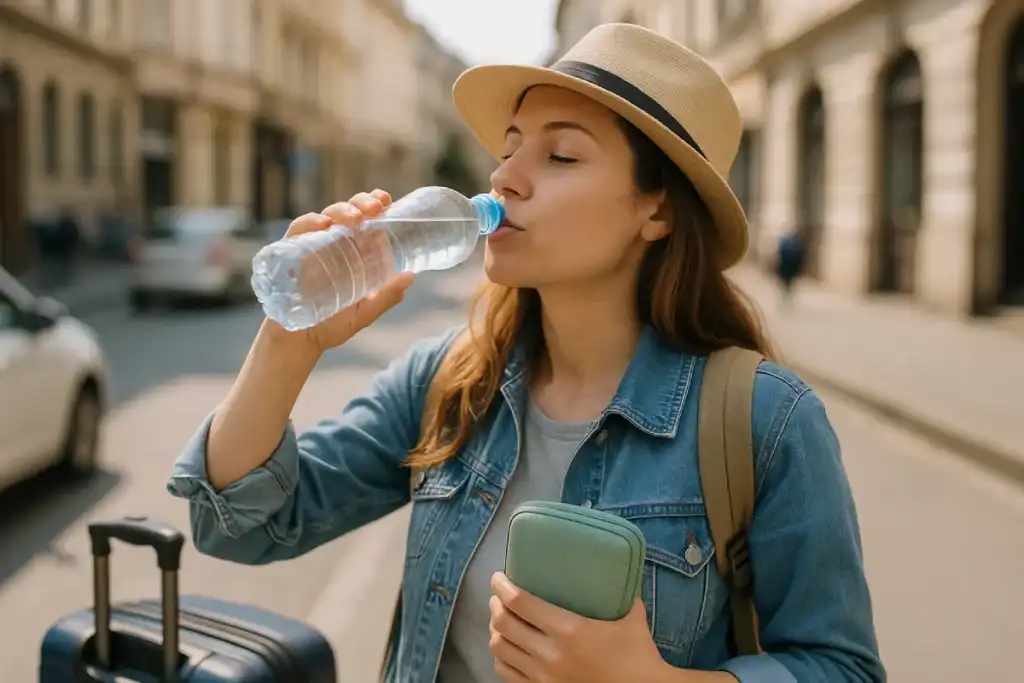 Seorang wanita minum air putih sambil berjalan di jalanan kota dengan koper dan tas kecil sebagai simbol Tips Jaga Kesehatan Saat Traveling yang sederhana dan praktis.