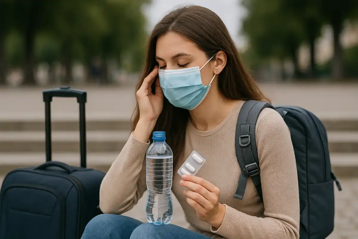 Seorang wanita beristirahat di pinggir jalan sambil minum obat dan air putih, menggunakan masker pelindung, sebuah ilustrasi Tips Jaga Kesehatan Saat Traveling yang praktis dan penting.