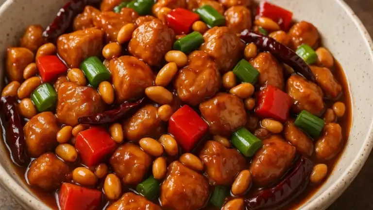 Piring Ayam Kungpao dengan daging ayam renyah, cabai merah, kacang tanah, dan saus mengilap berwarna cokelat keemasan merupakan hidangan Tiongkok yang populer di Indonesia dengan rasa pedas-manis khas.