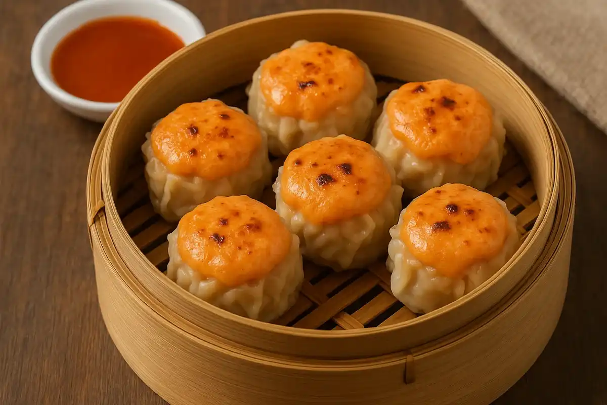 Nikmati kelezatan dimsum mentai yang dipanggang hingga kecokelatan, dilengkapi saus pedas manis untuk menambah kesan memukau.