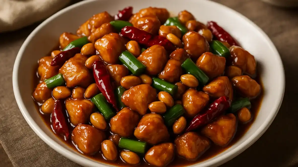 Piring Ayam Kungpao dengan daging ayam renyah, cabai merah, kacang tanah, dan saus mengilap berwarna cokelat keemasan merupakan hidangan Tiongkok yang populer di Indonesia dengan rasa pedas-manis khas.