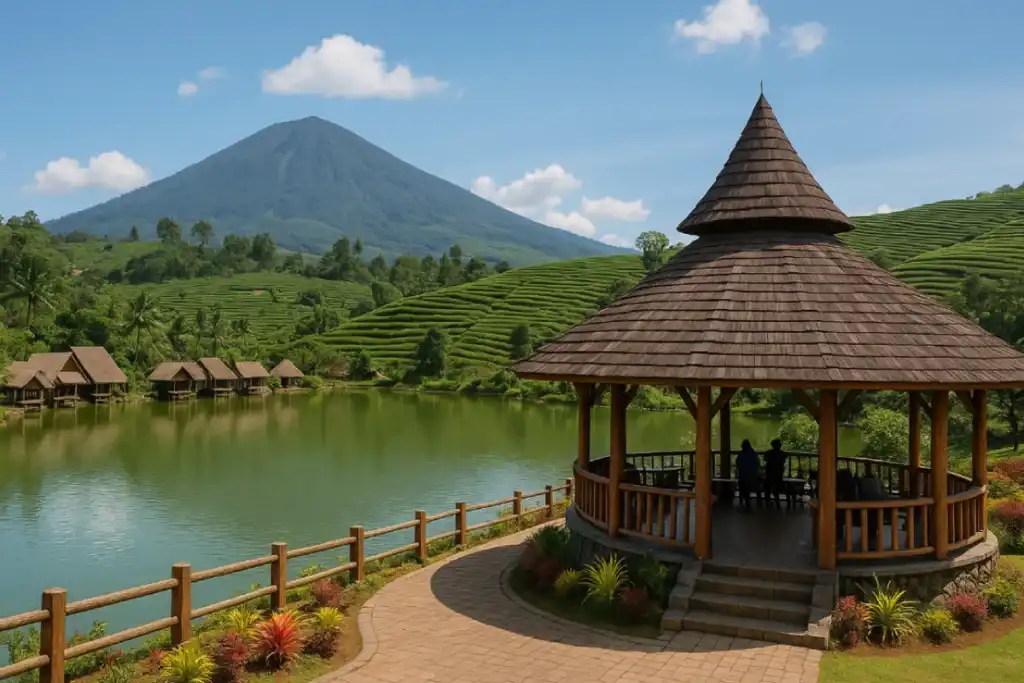 Tempat wisata di Garut menawarkan panorama alam hijau dengan kolam air jernih dan gazebo kayu yang menjadi spot favorit pengunjung.