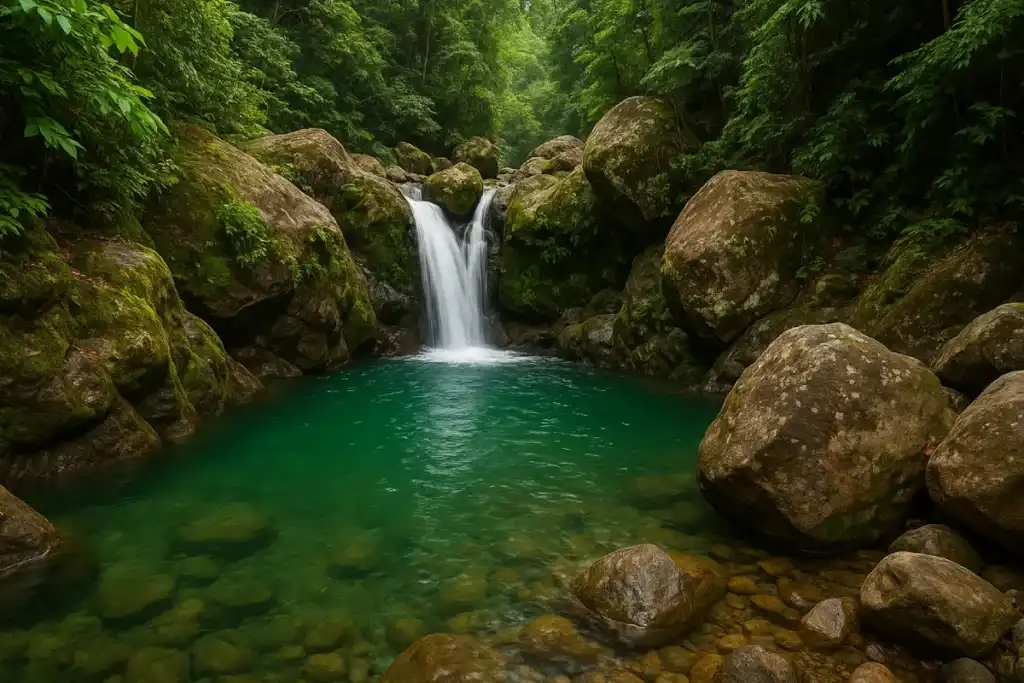 Wisata Air Terjun Leuwi Hejo dengan suasana alam hijau, aliran air jernih, dan tebing batu yang mengelilingi kolam alami.