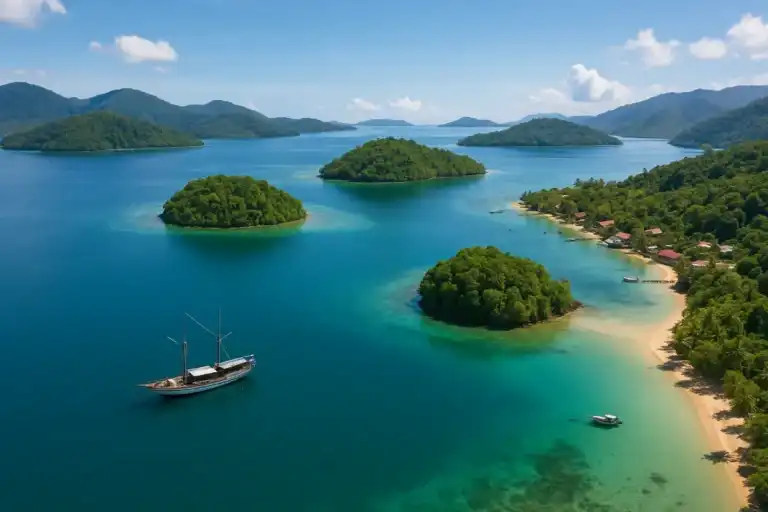 wisata Pulau Mandeh dengan gugusan pulau kecil, perairan biru jernih, dan kapal nelayan tradisional, menggambarkan keindahan alam tersembunyi di pesisir barat Sumatra.