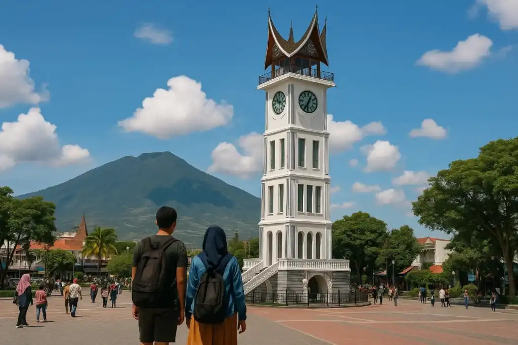 Dua wisatawan menikmati pemandangan Menara Jam Bukittinggi dengan gunung hijau sebagai latar belakang, menjadi ikon wisata khas Kota Bukittinggi.