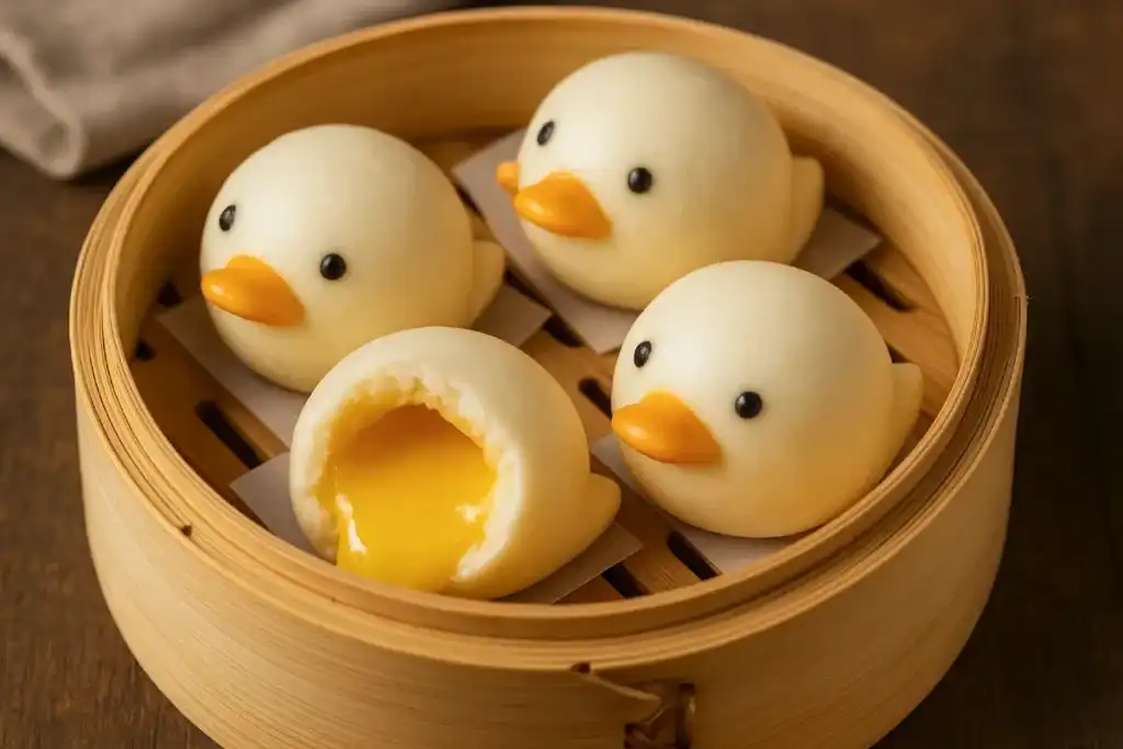 bakpao custard lucu berbentuk bebek dengan tampilan menggemaskan, mata besar, dan isian krim kuning yang mengintip saat dipotong.