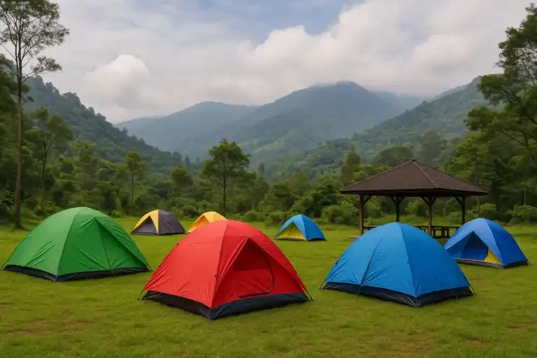 camping ground murah Puncak dengan tenda-tenda berjajar di hamparan rumput hijau, dikelilingi pepohonan tinggi dan udara sejuk khas pegunungan.