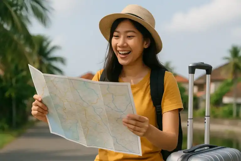 Suasana liburan ceria dengan keluarga di alam terbuka yang menunjukkan liburan murah meriah tanpa beban biaya berlebih.