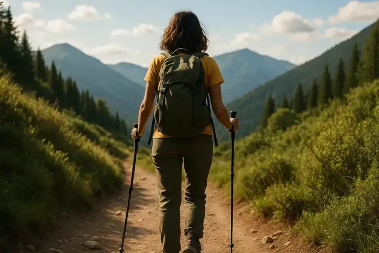 tips hiking untuk pemula dengan seorang pendaki membawa ransel kecil, berdiri di jalur alam dengan pemandangan perbukitan, siap menjelajah dengan percaya diri.