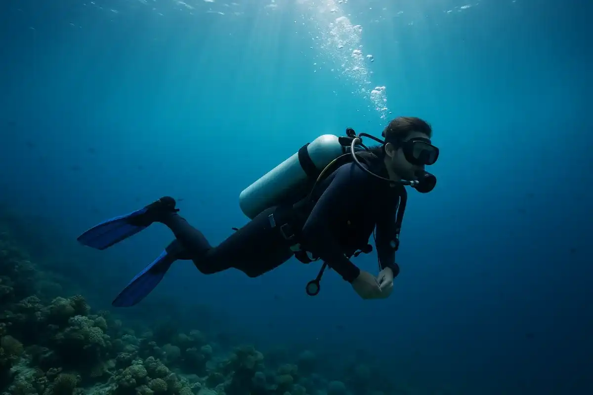 tips scuba diving dengan penyelam menyelam di bawah laut, dikelilingi terumbu karang dan ikan warna-warni, menggambarkan petualangan aman dan menyatu dengan alam bawah laut.