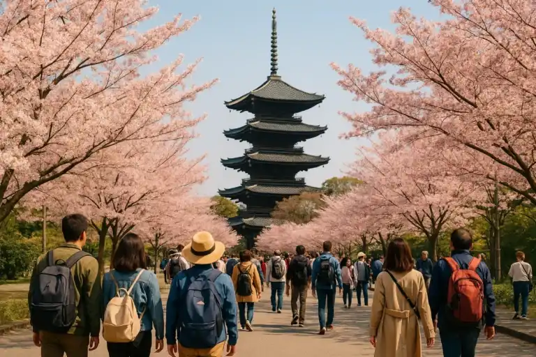 Sekelompok wisatawan berjalan di jalanan yang dikelilingi bunga sakura merah muda, menuju pagoda tradisional merupakan simbol Wisata Hemat ke Jepang Saat Musim Semi dengan pemandangan alam yang memukau.