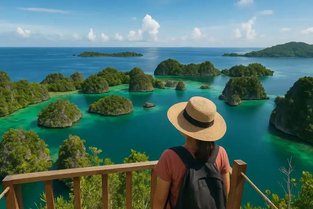 Wisata Raja Ampat yang memperlihatkan keindahan bawah laut, pulau-pulau eksotis, dan langit biru yang membentang luas.