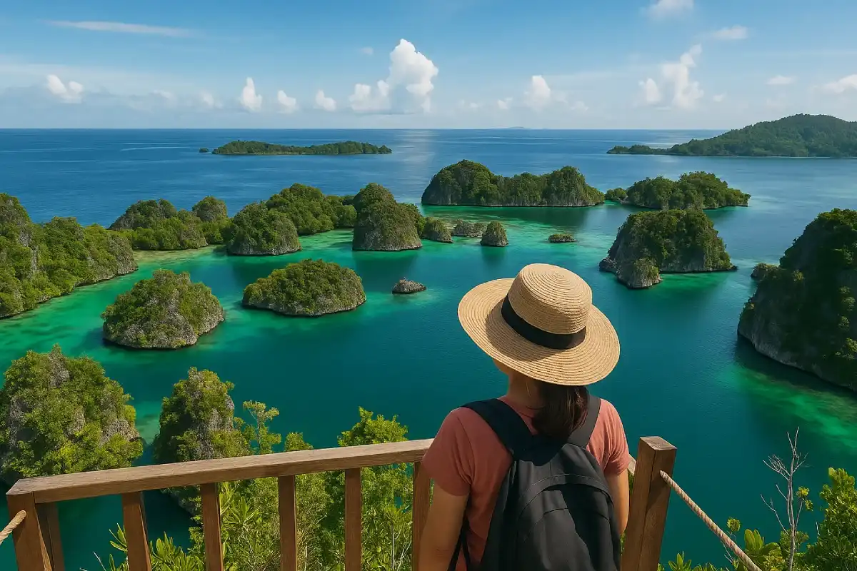 Wisata Raja Ampat yang memperlihatkan keindahan bawah laut, pulau-pulau eksotis, dan langit biru yang membentang luas.