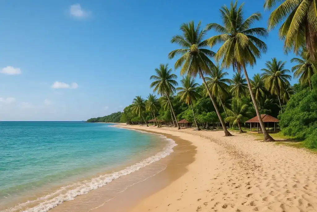 Pantai Marina Banten dengan pasir putih, air laut biru jernih, dan pohon kelapa yang menjulang tinggi.