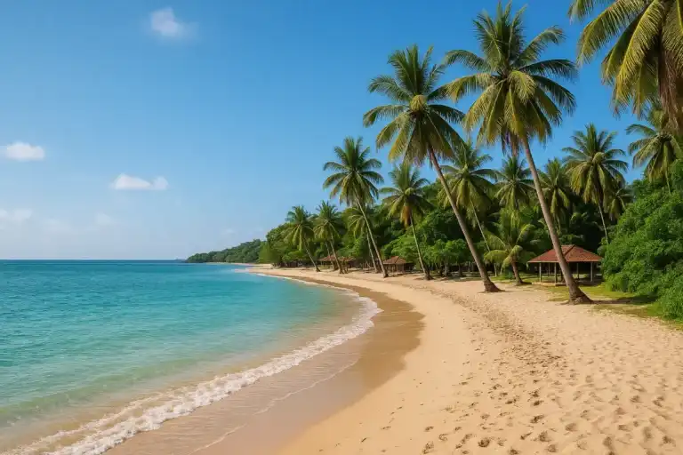 Pantai Marina Banten dengan pasir putih, air laut biru jernih, dan pohon kelapa yang menjulang tinggi.