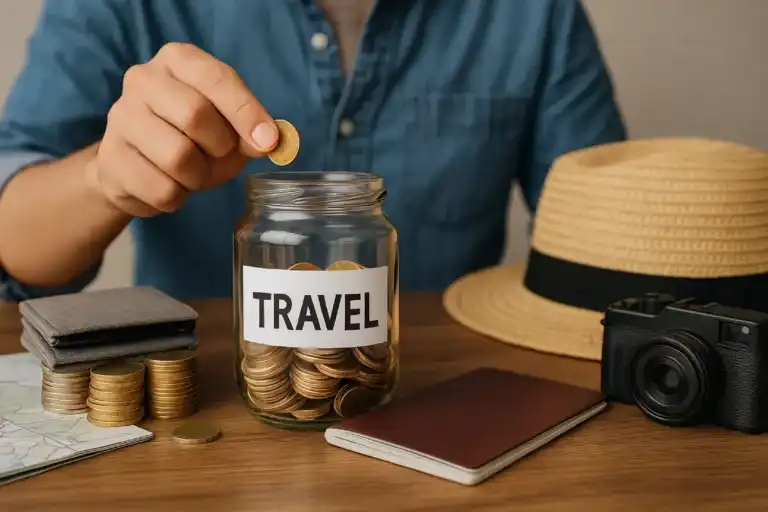 Seorang pria memasukkan uang ke celengan bertuliskan travel dikelilingi paspor dan kamera sebagai bentuk tips menabung untuk travel yang sederhana dan efektif