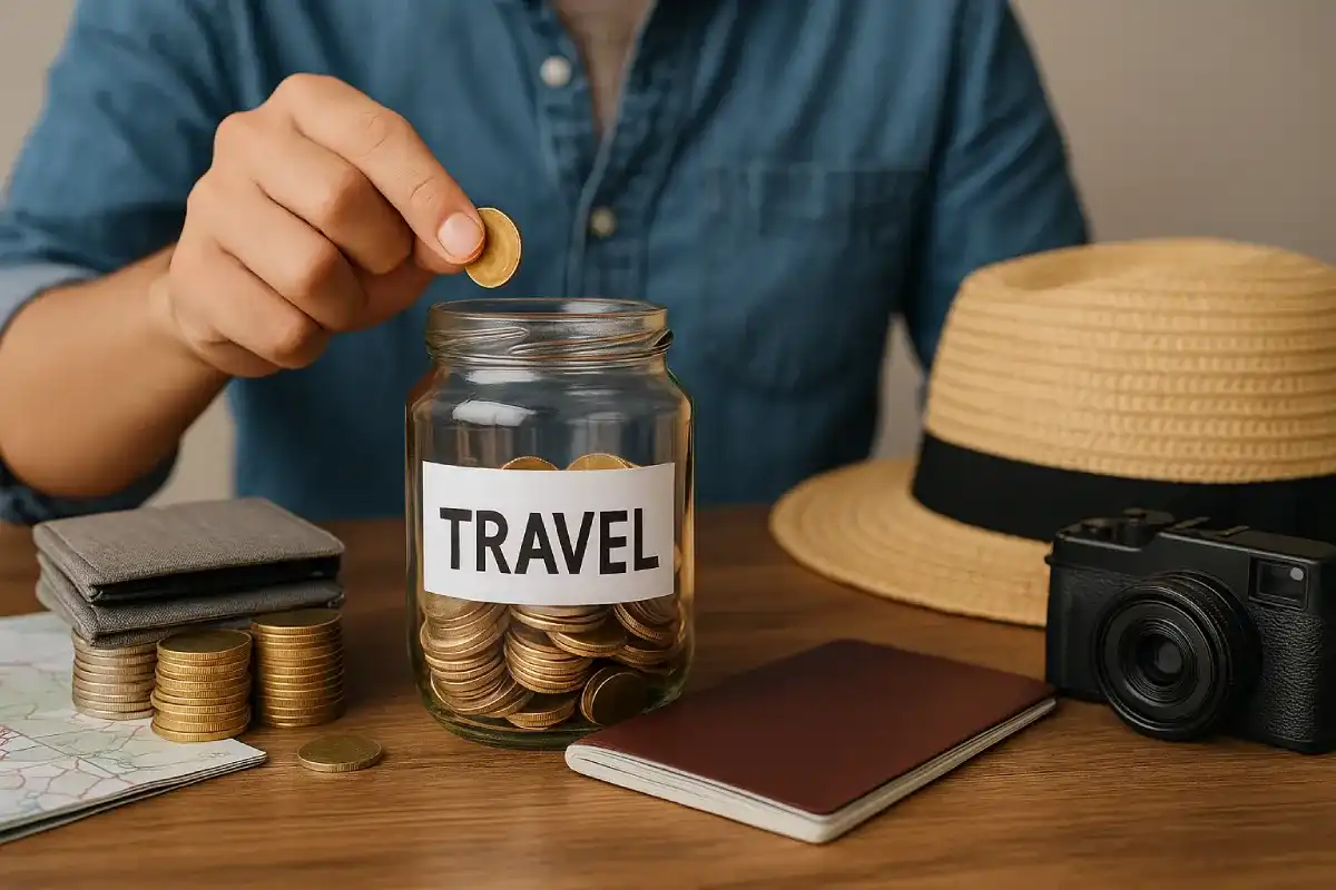 Seorang pria memasukkan uang ke celengan bertuliskan travel dikelilingi paspor dan kamera sebagai bentuk tips menabung untuk travel yang sederhana dan efektif
