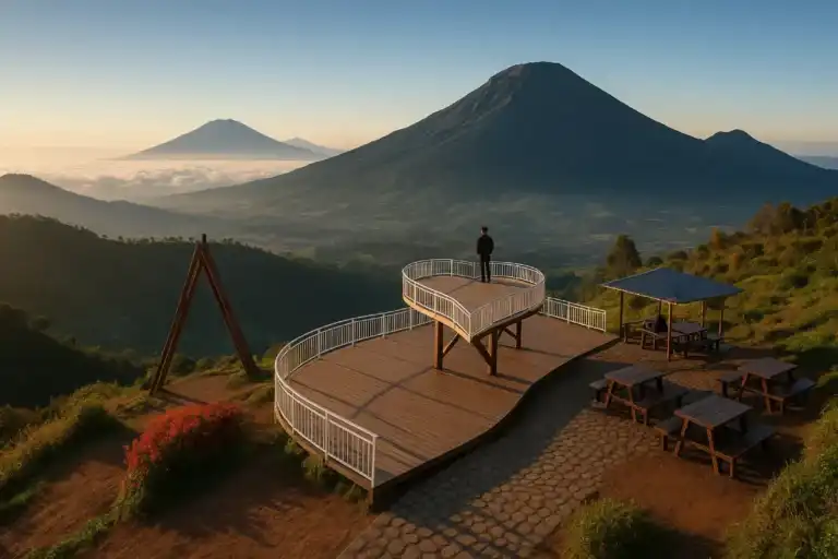 Seorang pengunjung berdiri di atas platform terbuka dengan pemandangan luas bukit angkruk Dieng, menikmati keindahan alam dan gunung-gunung yang menghampar di latar belakang.