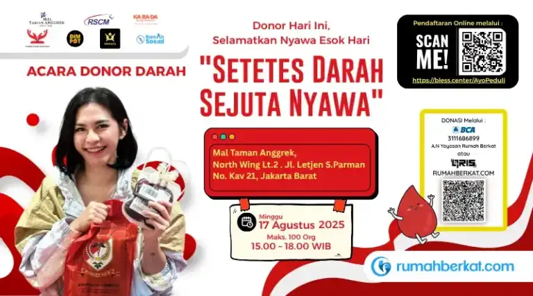 Infografis kegiatan donor darah dengan tema Setetes Darah Sejuta Nyawa ke-9 di Jakarta Barat, menampilkan lokasi dan waktu pelaksanaan.