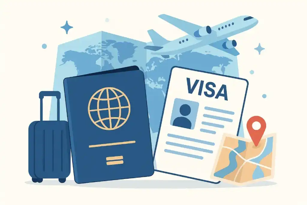 Gambar paspor, stempel visa, dan ikon perjalanan yang merepresentasikan panduan visa traveling.