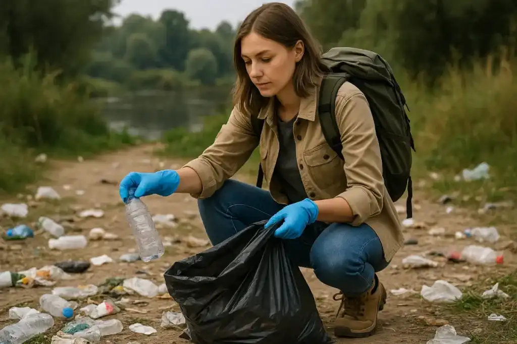 Seorang traveler memungut sampah plastik di area alam, menggambarkan cara atasi pencemaran lingkungan untuk traveler.