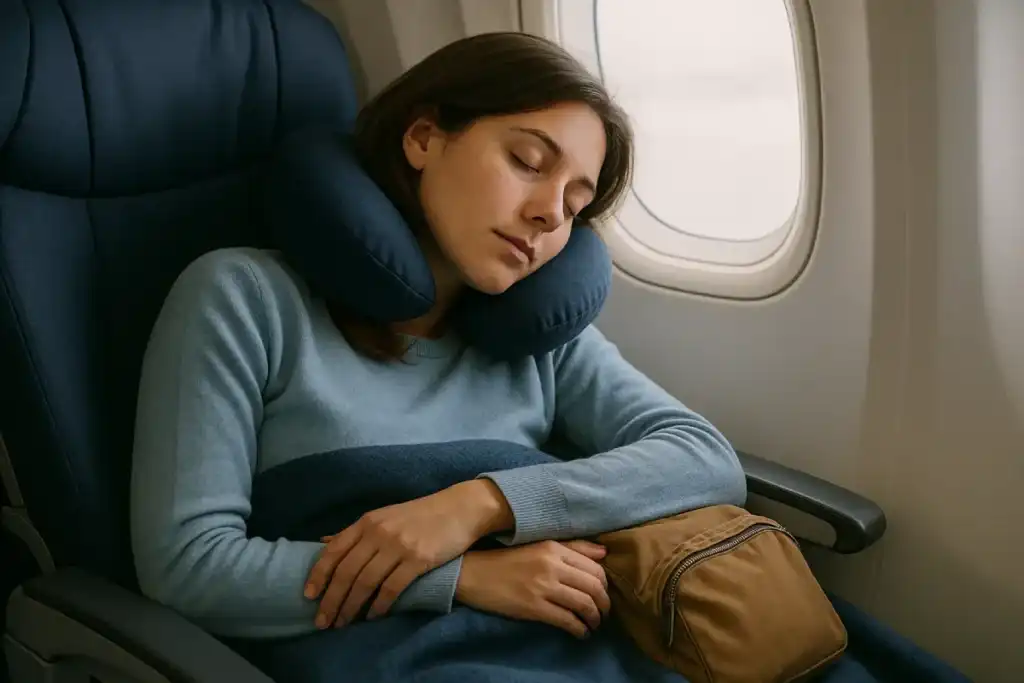 Seorang wanita tidur dengan nyaman di kursi pesawat, menggunakan bantal leher untuk mendukung kepala, menunjukkan pentingnya tips agar cepat tidur saat bepergian.