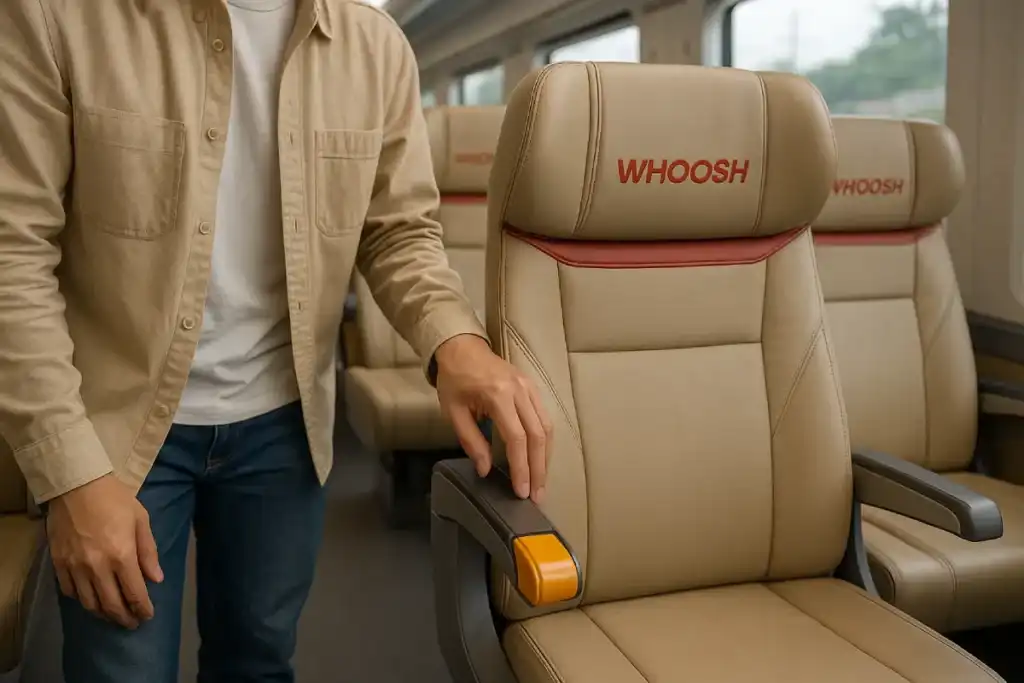 Seorang pria memeriksa kursi WHOOSH di dalam gerbong kereta, menunjukkan cara memilih kursi yang nyaman sebagai bagian dari tips memilih kursi WHOOSH