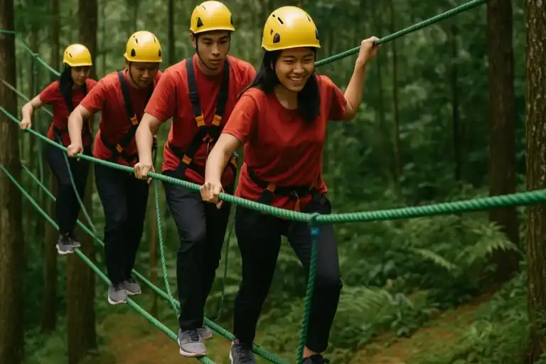 Sekelompok orang berjalan di atas tali pengaman di hutan lebat, dengan senyum ceria dan penuh semangat, menunjukkan kegembiraan dalam wisata outbound Bandung.