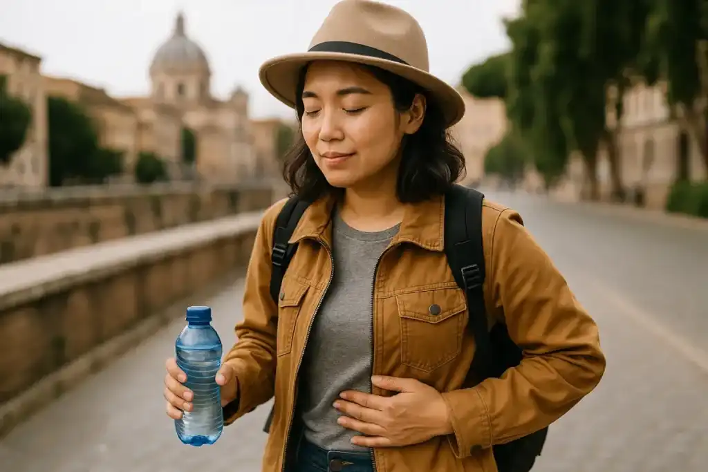 Seorang traveler sedang memegang botol air sambil menahan perut, menggambarkan pentingnya cara menjaga kesehatan ginjal untuk traveler.