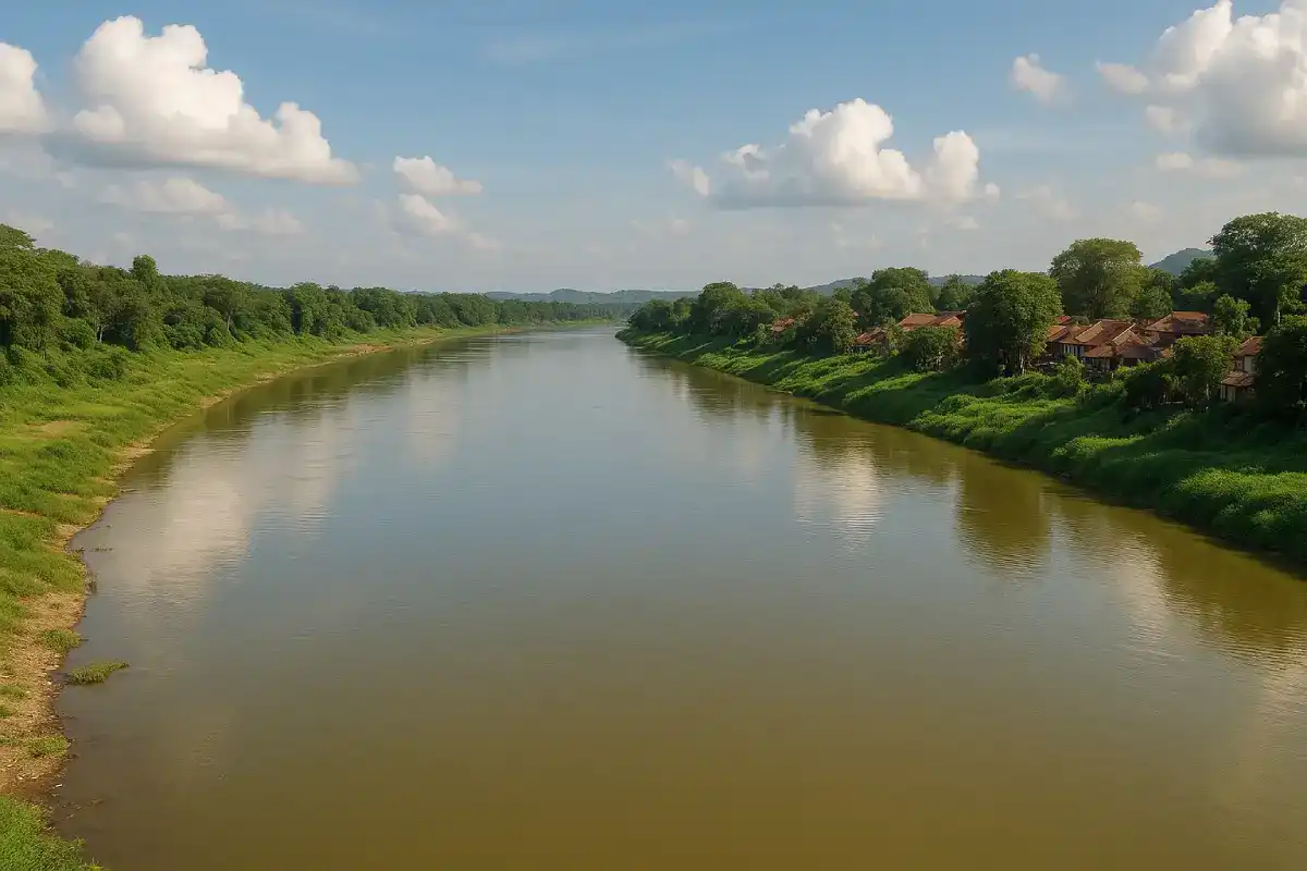 Pemandangan Sungai Bengawan Solo yang tenang, mengalir melalui dataran hijau dengan pemukiman di tepi sungai, menggambarkan salah satu sungai terpanjang di Indonesia.