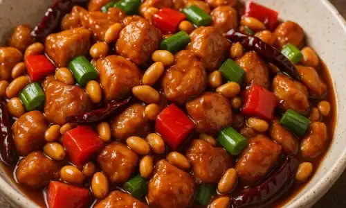Ayam Kungpao adalah masakan Tiongkok yang terkenal dengan kombinasi rasa pedas, manis, dan gurih, disajikan dengan tekstur renyah dari kacang tanah dan ayam goreng.