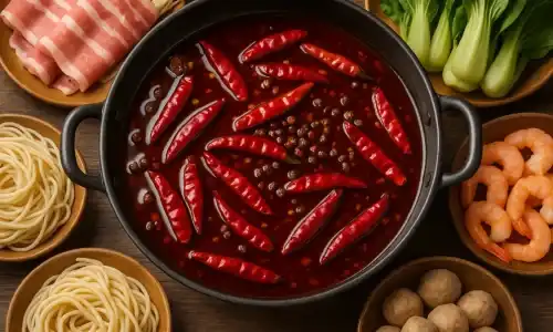 Hotpot mala sebagai hidangan tradisional Tiongkok yang menggabungkan sensasi pedas dan mati rasa dari lada Sichuan, disajikan dalam suasana komunal yang memperkuat kebersamaan.