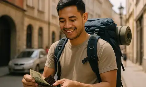 Tips Backpacking Hemat terwujud dalam kebiasaan traveler ini yang tetap ceria meski memantau pengeluaran, bukti bahwa liburan irit bisa memberikan kepuasan maksimal.