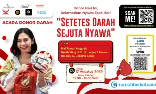 Setetes Darah Sejuta Nyawa ke-9 hadir di Jakarta Barat sebagai bentuk kepedulian sosial di hari kemerdekaan. Donor darah ini digelar dari jam 3 sore hingga jam 6 sore. Segera daftarkan diri dan jadilah bagian dari aksi kemanusiaan yang bermakna.